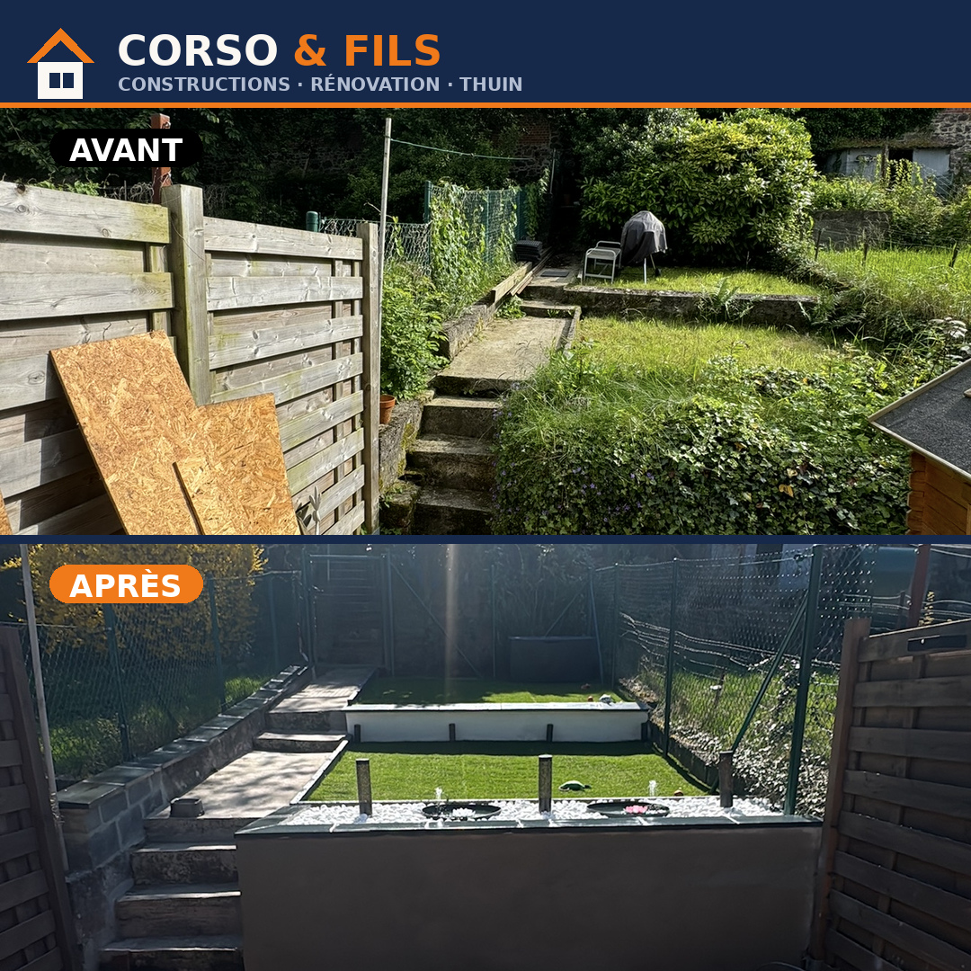 Avant après - aménagement extérieur jardin à Thuin